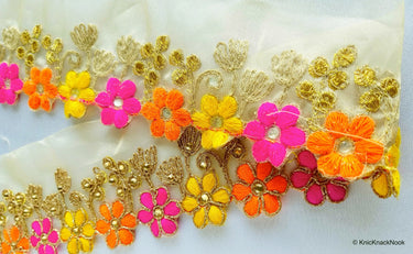 Gold Sheer Tissue Fabric Trim With Embroidered Pink, Yellow, Orange & Gold Flowers